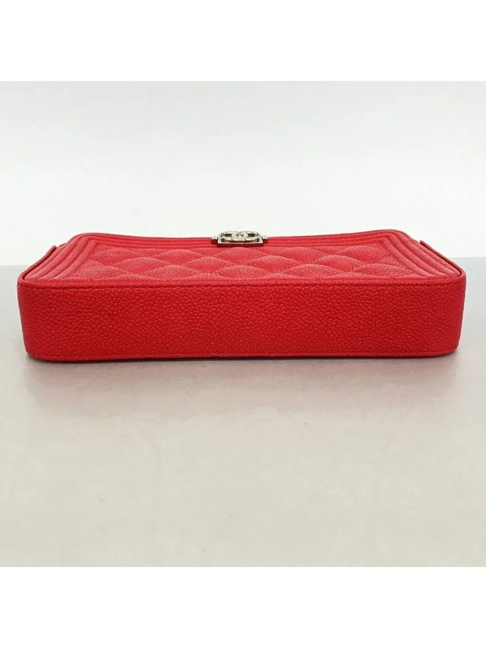 Chanel Shoulder Bag Boy Quilted Caviar Leather Red Silver